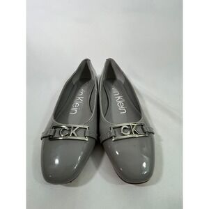 Calvin Klein Women Patent Leather Ballet Flats Silver CK Logo Buckle Gray Size 8
